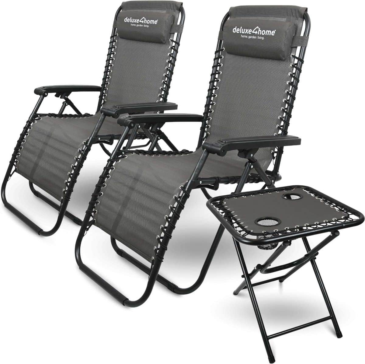 3 delige ligstoelset met inklapbare klaptafel en bekerhouder voor tuin en