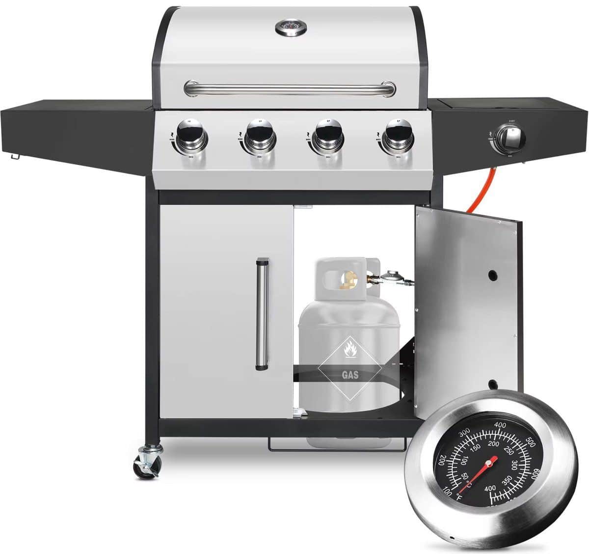 auto grille zilver barbecue op gas, thermostaat en olievanger