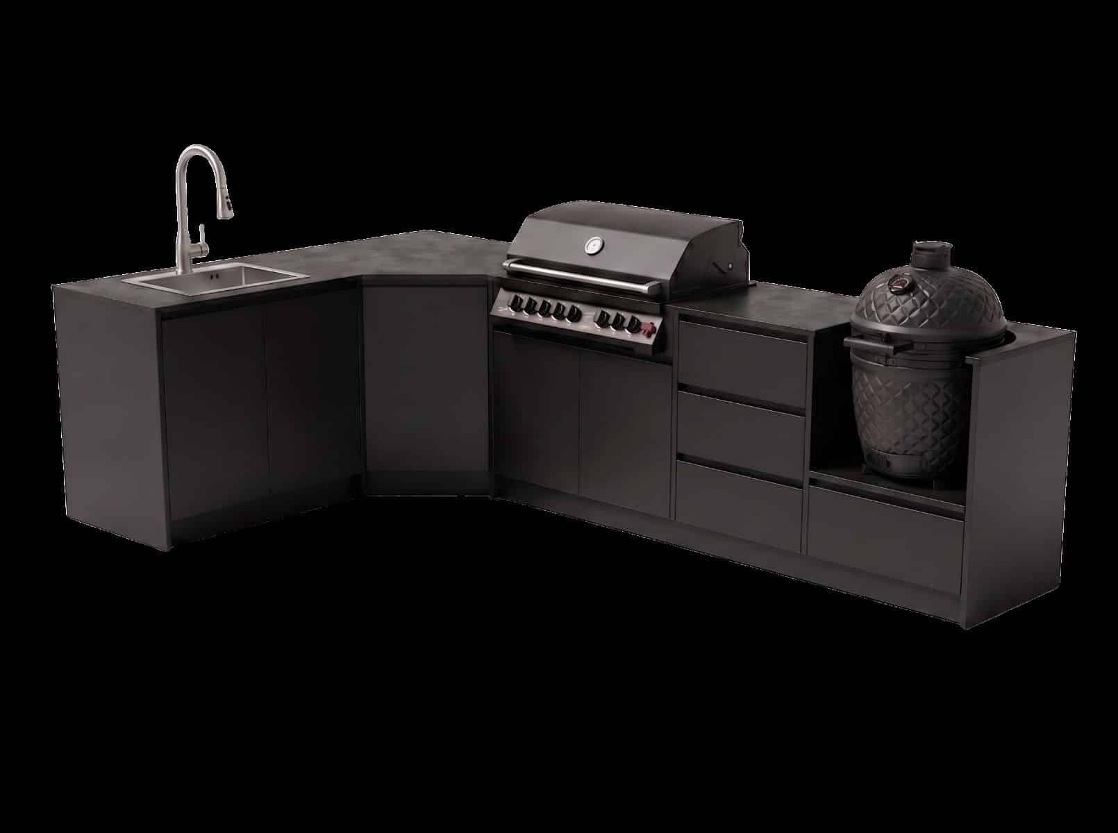 baste architect buitenkeuken l opstelling met gas grill, kamado en spoelbak