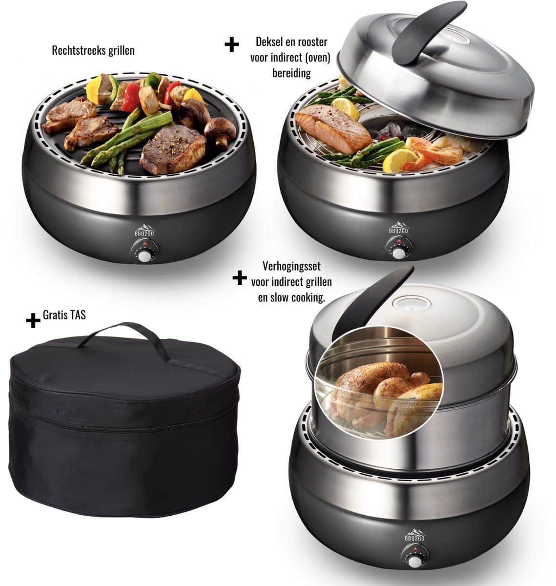 bbq2go met deksel, verhoger en tas voor direct en indirect
