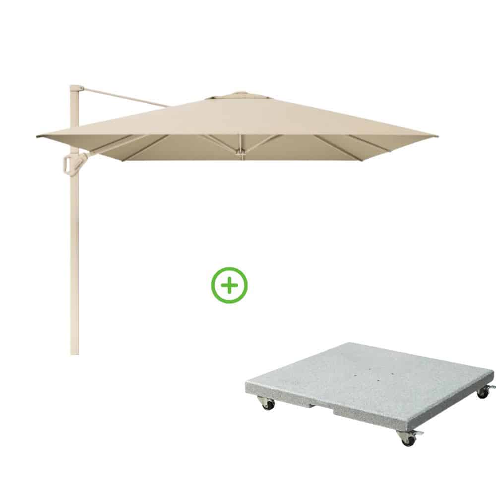 challenger t² zweefparasol premium doek | 350x260cm met rocca parasolvoet 90kg | champagne/teak look