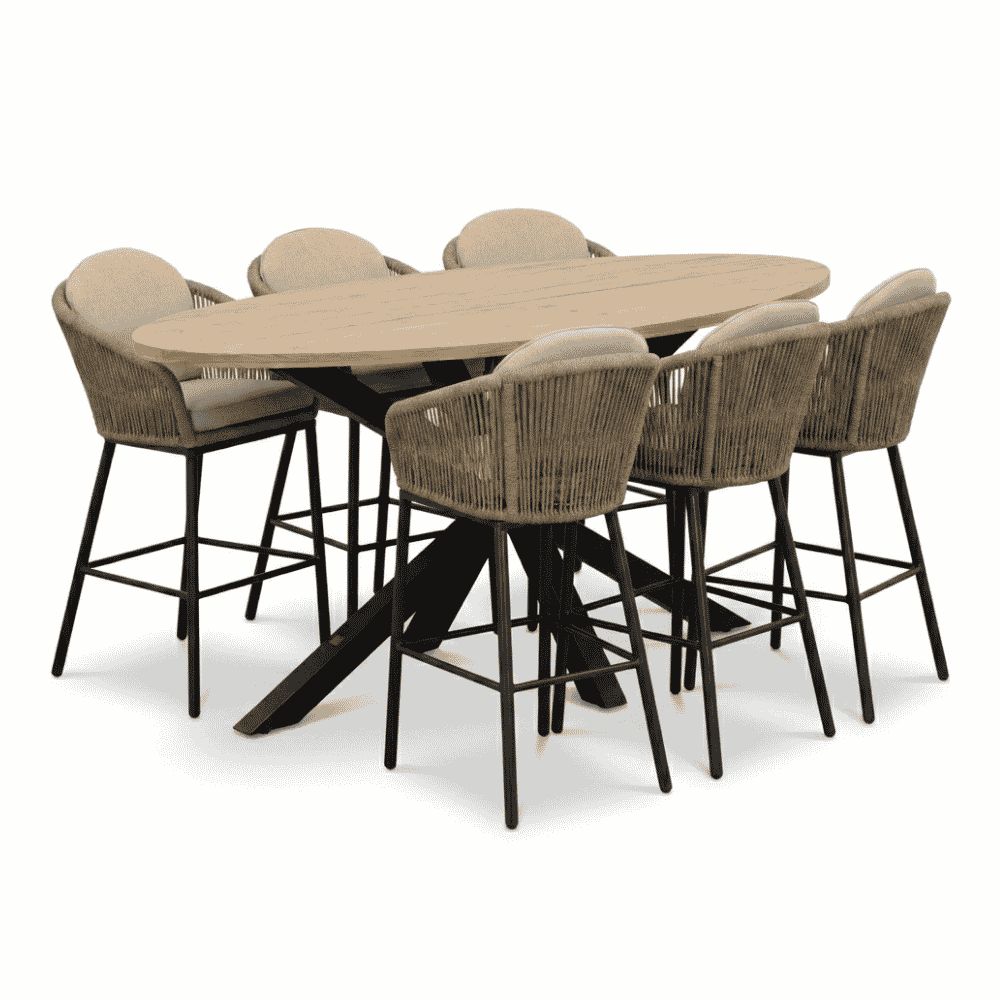 cleve antraciet/mara sahara dust dining barset | 6 personen | teakhout + touw | 240cm