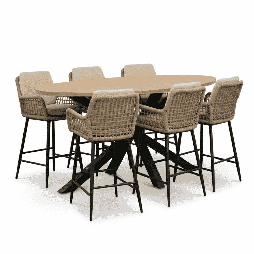 cleve antraciet/valencia sahara dust dining barset | 6 personen | teakhout + touw | 240cm