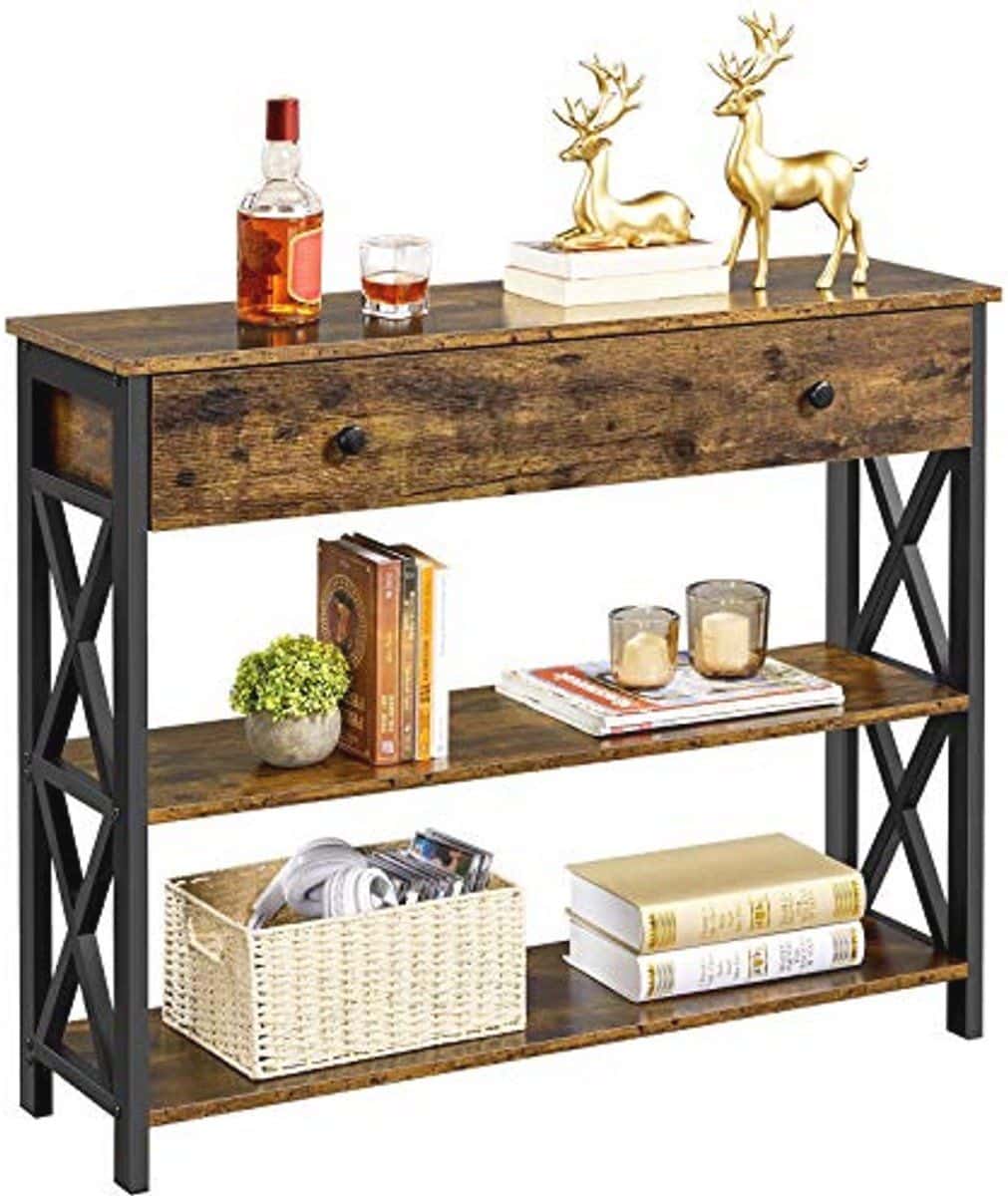 consoletafel met lade en open planken x vormig frame