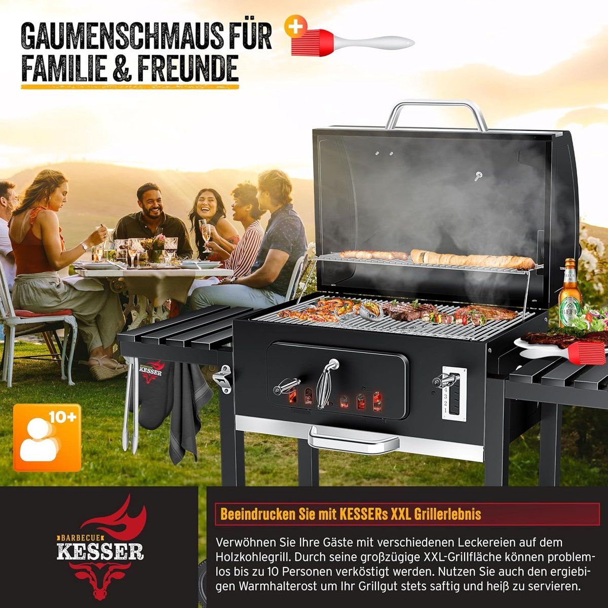 houtskool barbecue grillwagen xxl met deksel en thermometer