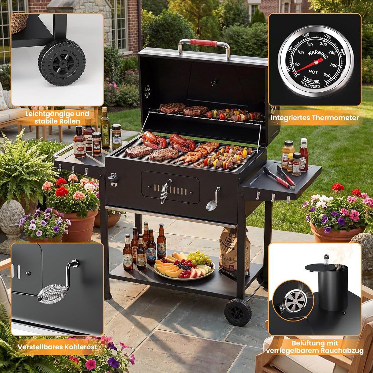 houtskool bbq grillwagen xxl smoker & rookoven grill 71×43