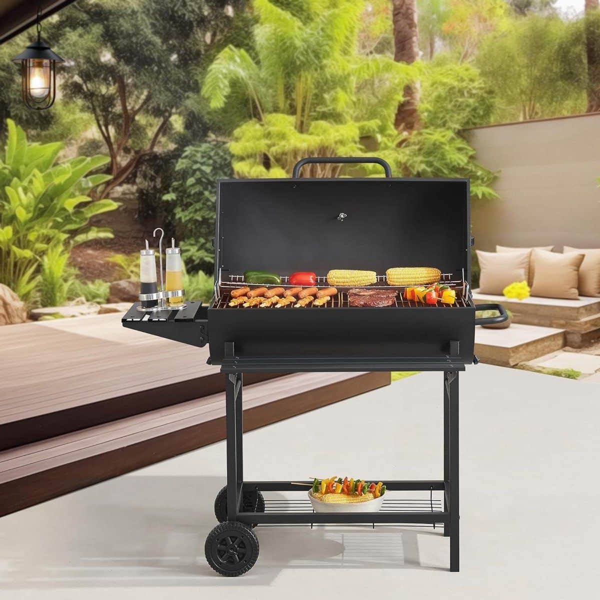 houtskool grillwagen bbq met deksel buiten koken