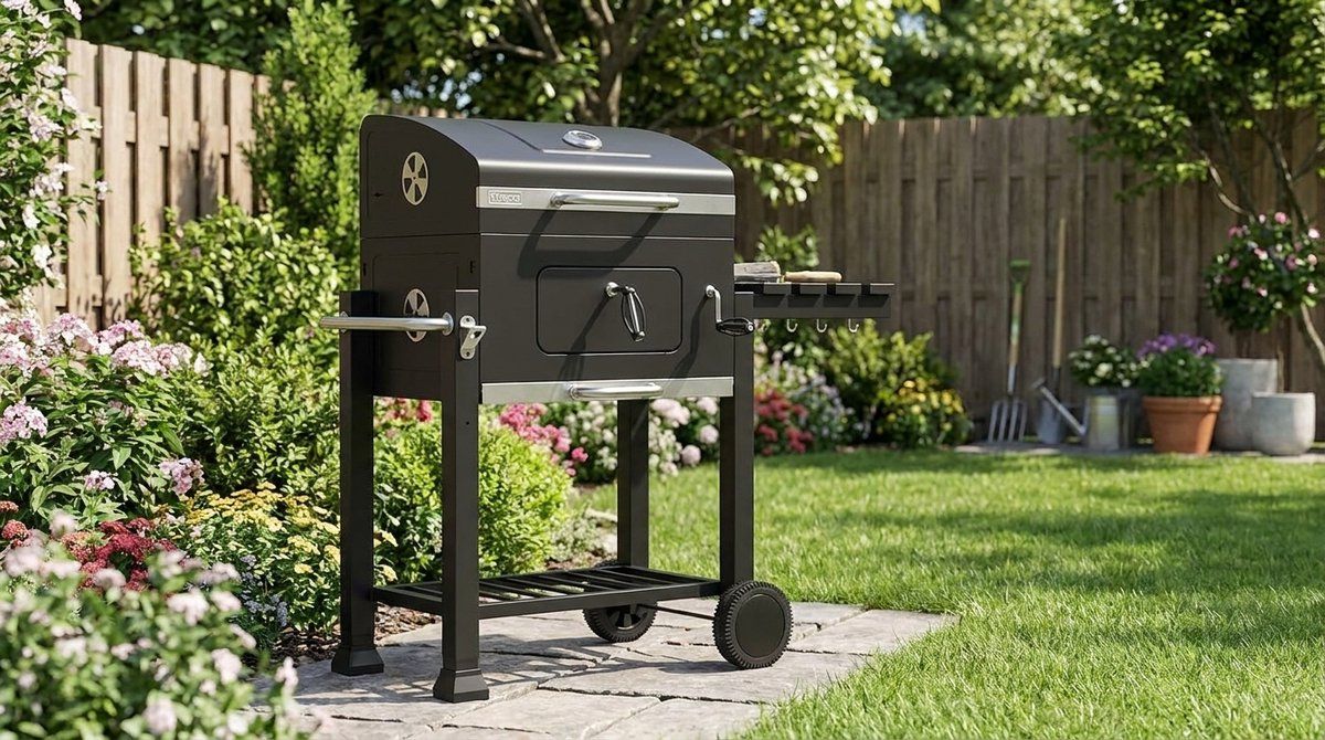 houtskoolbarbecue grillwagen met deksel en thermometer house&garden angular bbq