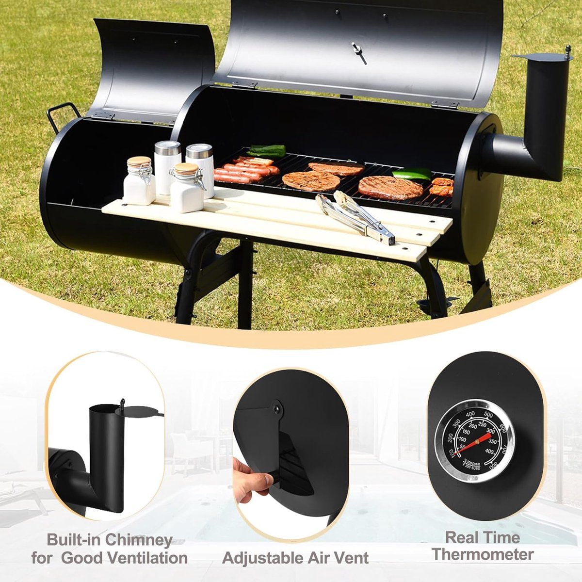 houtskoolbarbecue rookoven grillwagen 2 in 1 house&garden bbq smoker met thermometer