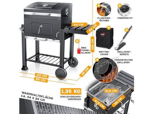 Houtskoolbarbecue XL Grillwagen met Deksel & Thermometer - BBQ Smoker
