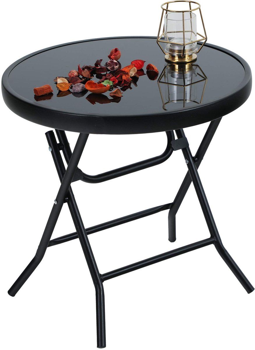 inklapbare ronde bijzettafel, glas, van metaal, tuintafel, koffietafel