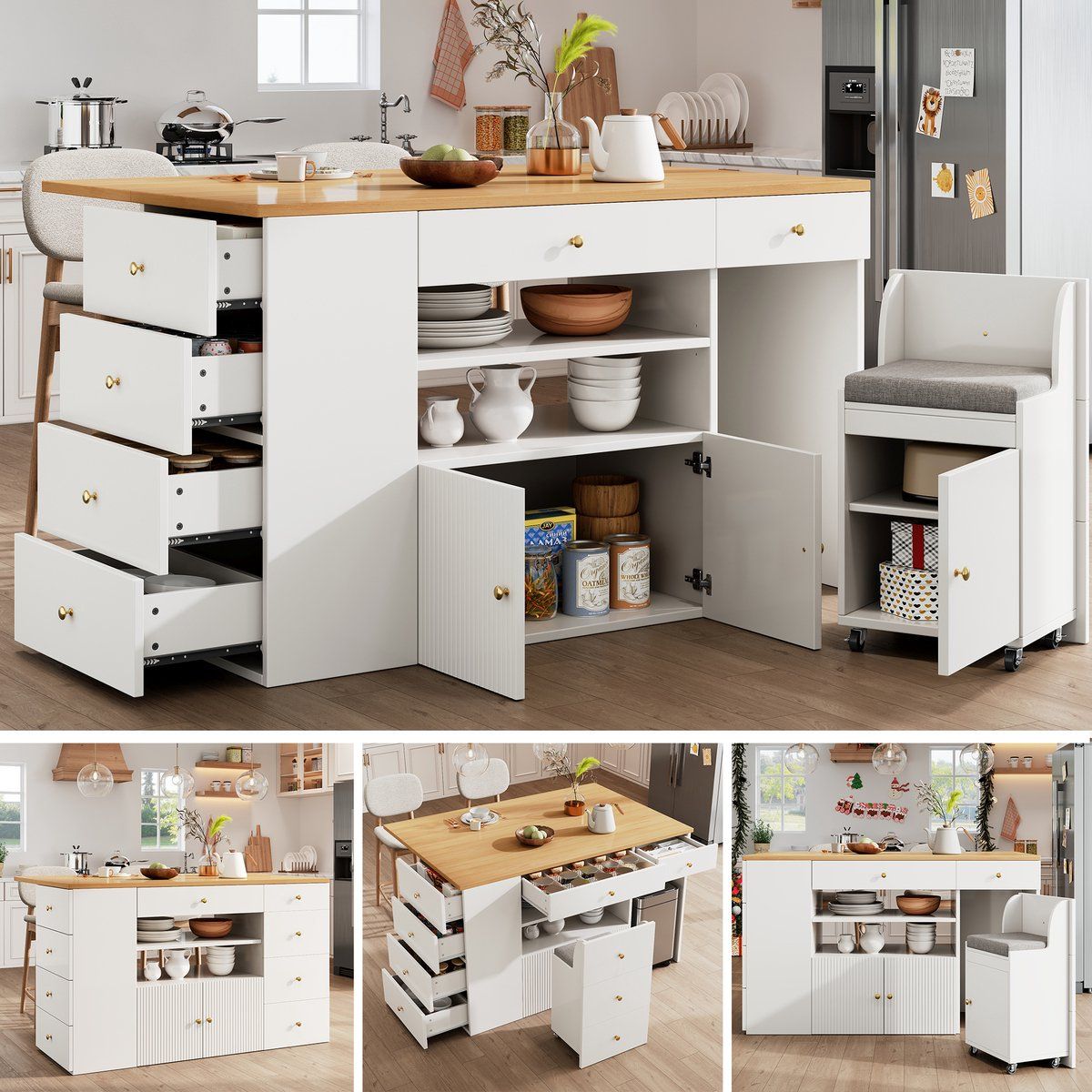 keukeneiland met barstoelen 140×40(70)×89 cm 6 lades +