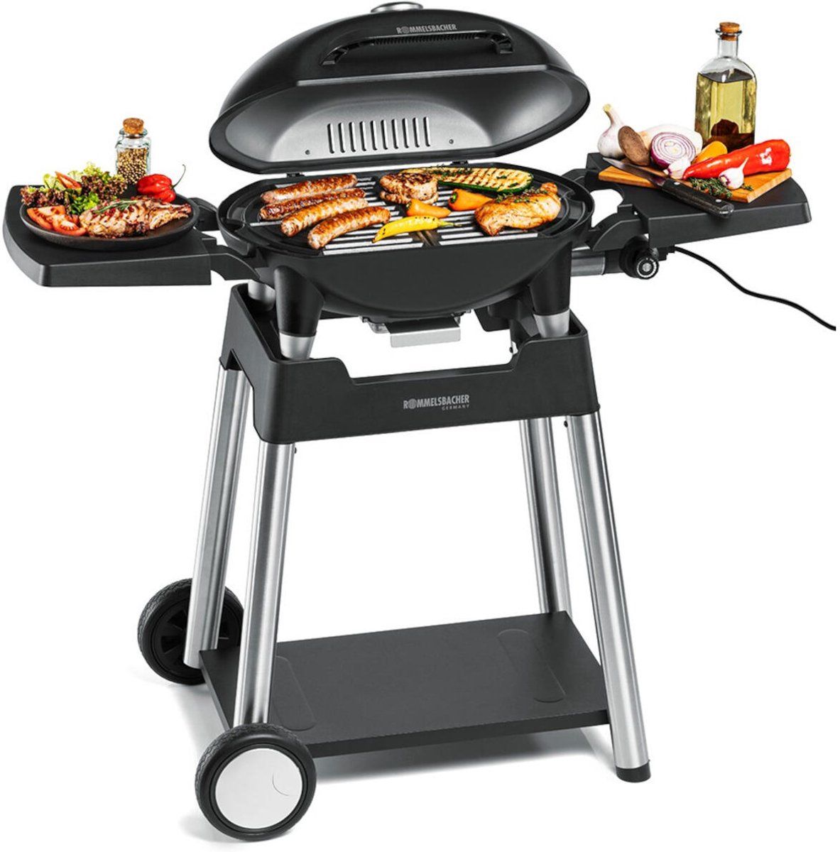 rommelsbacher bbq 4100/s elektrische barbecue met grillwagen & deksel