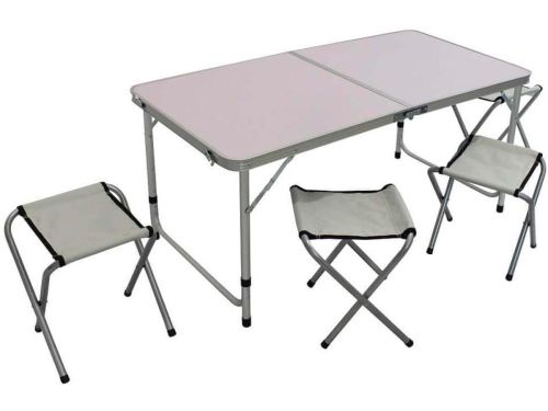 Set klaptafel en 4 krukken van aluminium en grijze stof