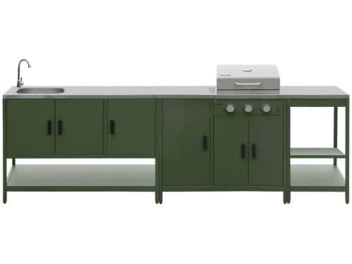 sweeek - 3 buitenkeukenmodules met gasbarbecue gootsteen en opbergruimte staal