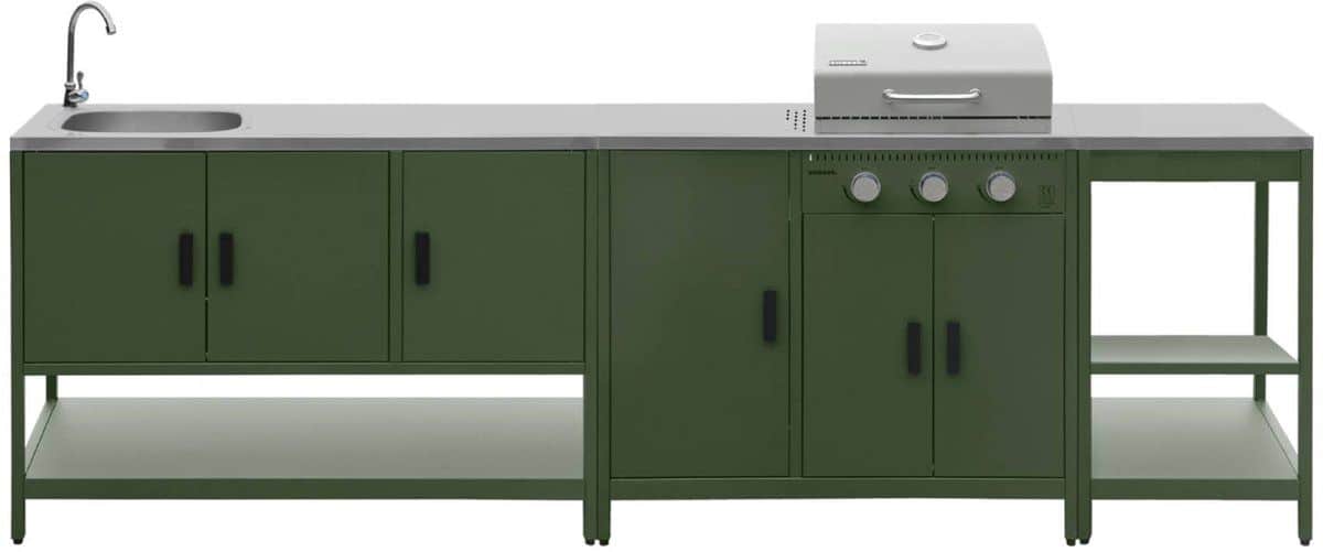 sweeek 3 buitenkeukenmodules met gasbarbecue gootsteen en opbergruimte staal