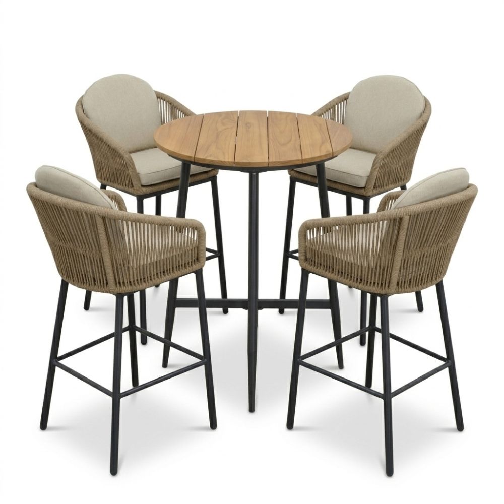 valencia antraciet/mara sahara dust dining barset | 4 personen | teakhout + touw | 90cm