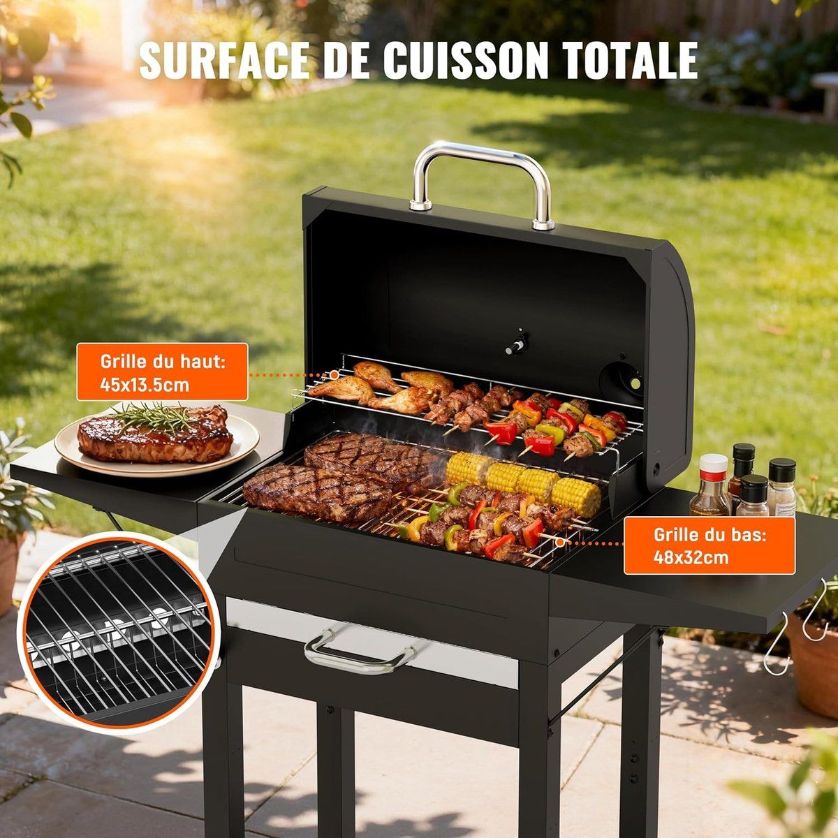 xl smoker houtskool bbq grillwagen met thermometer, dubbel grillrooster