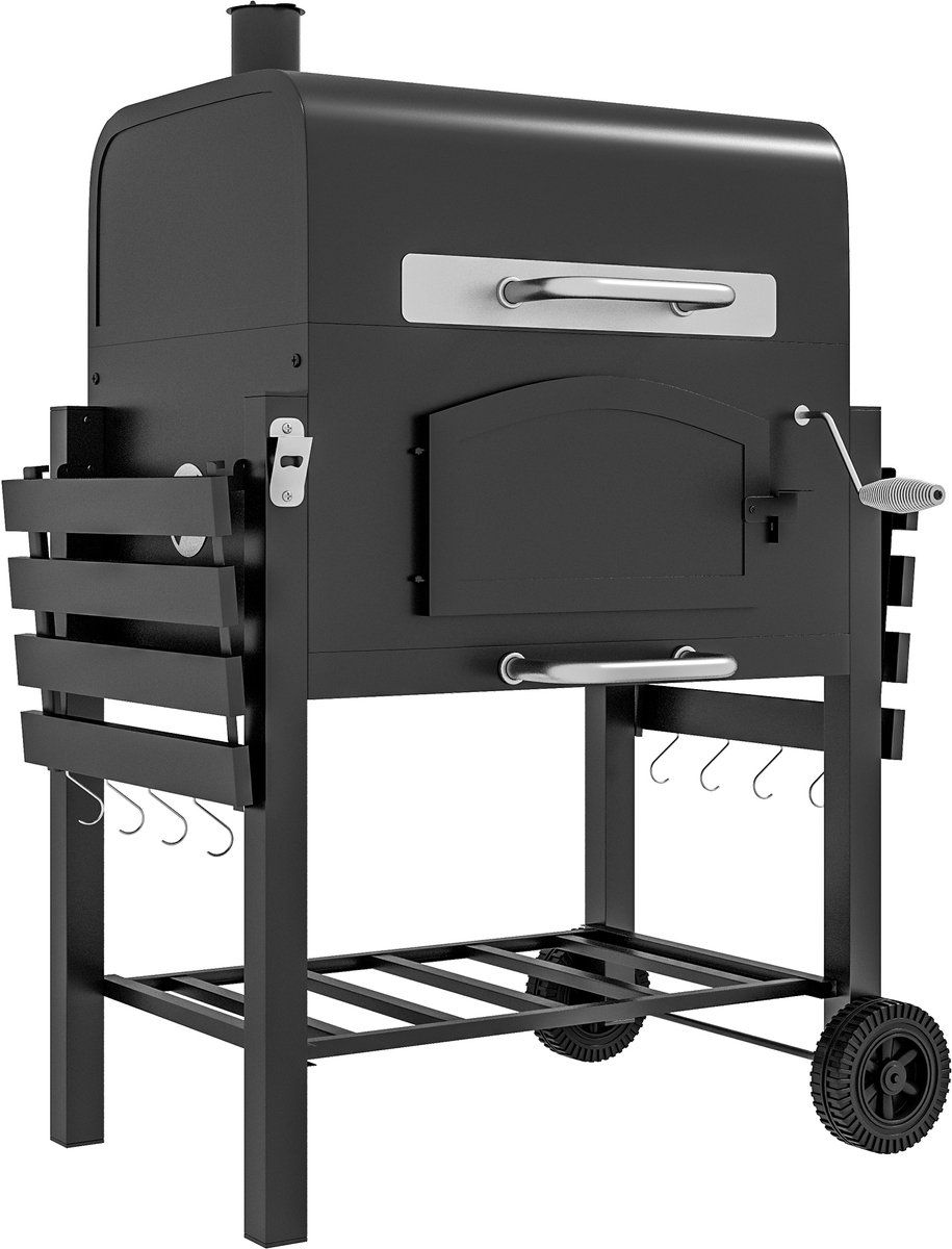 zwarte metalen drie in een houtskoolbarbecue 124 bij 66 bij