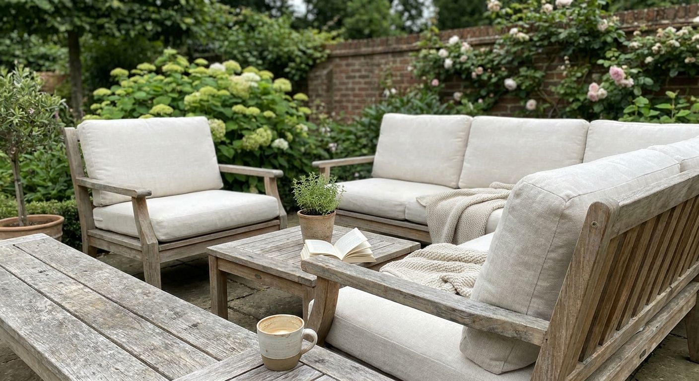 Gezellige tuinset met houten meubels en kussens