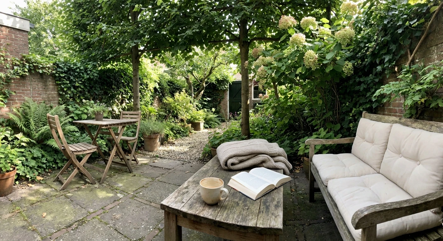 Gezellige groene stadstuin met houten tuinmeubels