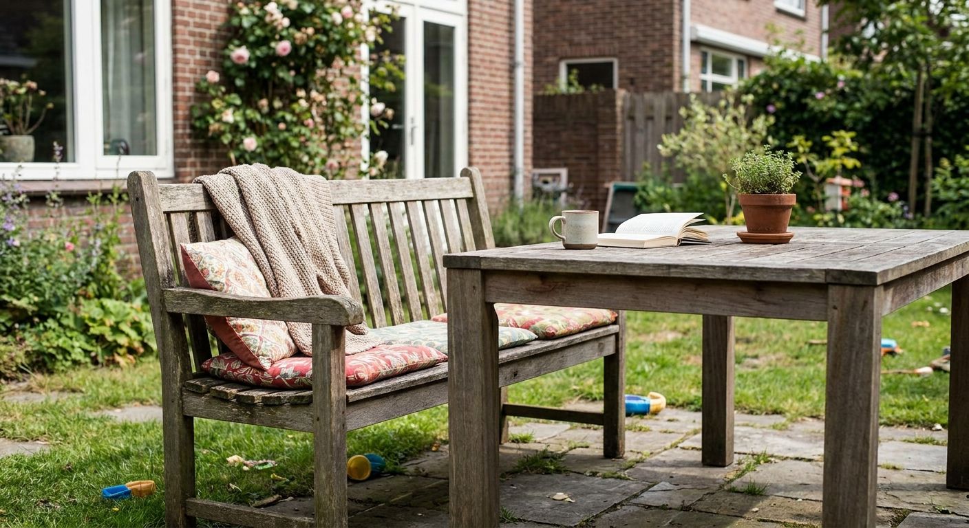 Houten tuinbank en tafel in groene achtertuin