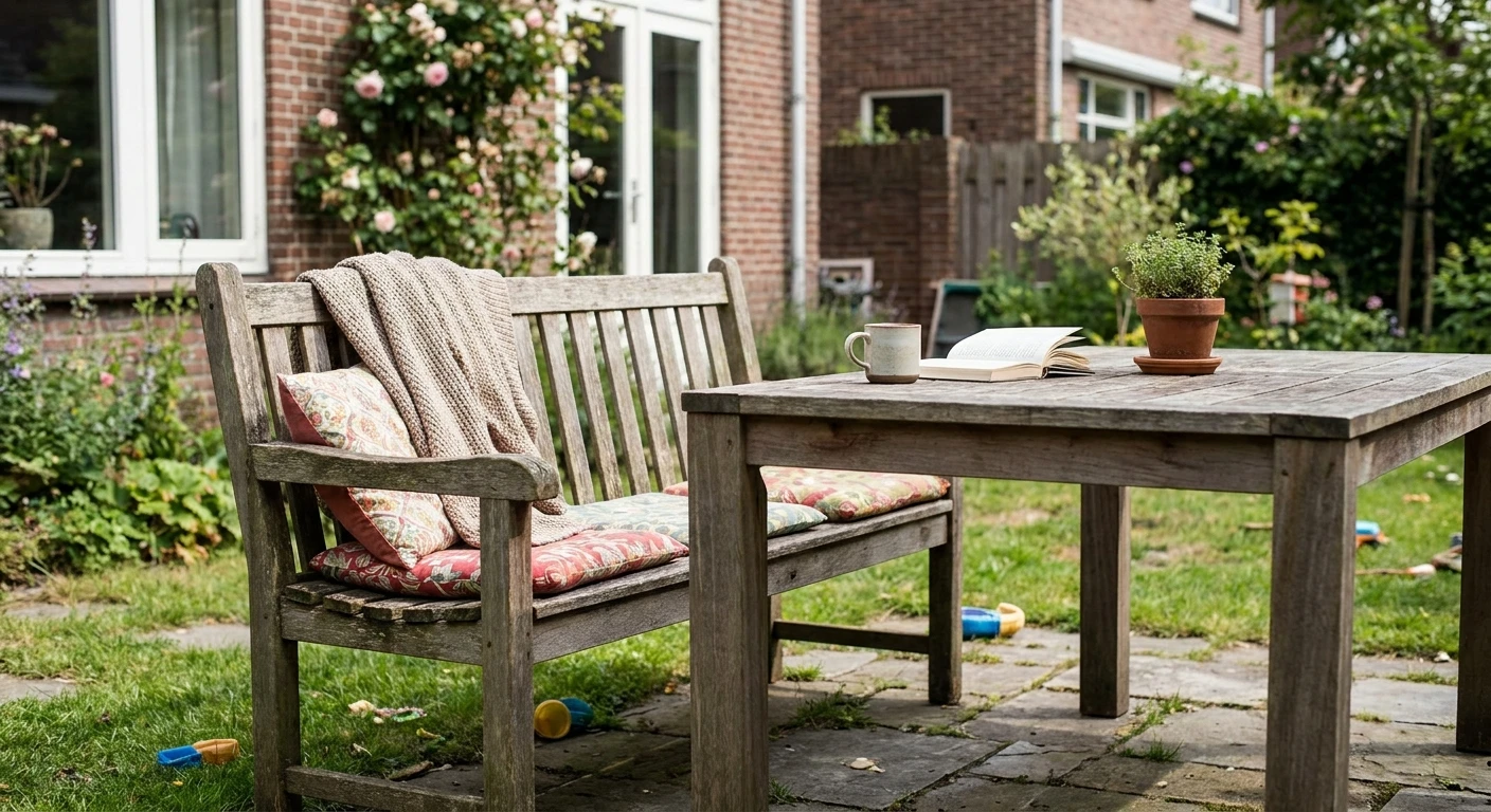 Houten tuinbank en tafel in groene achtertuin