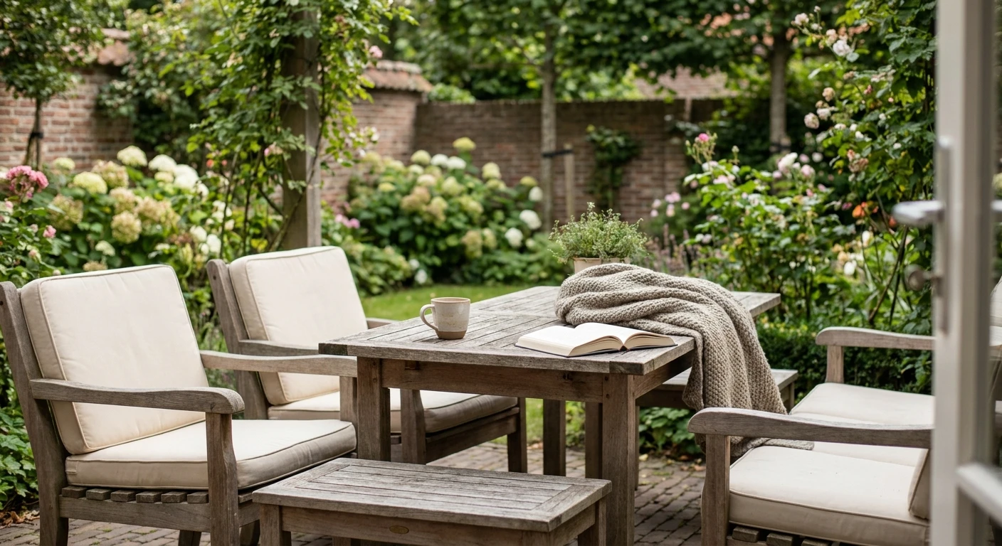 Gezellige tuinset met boek en koffie