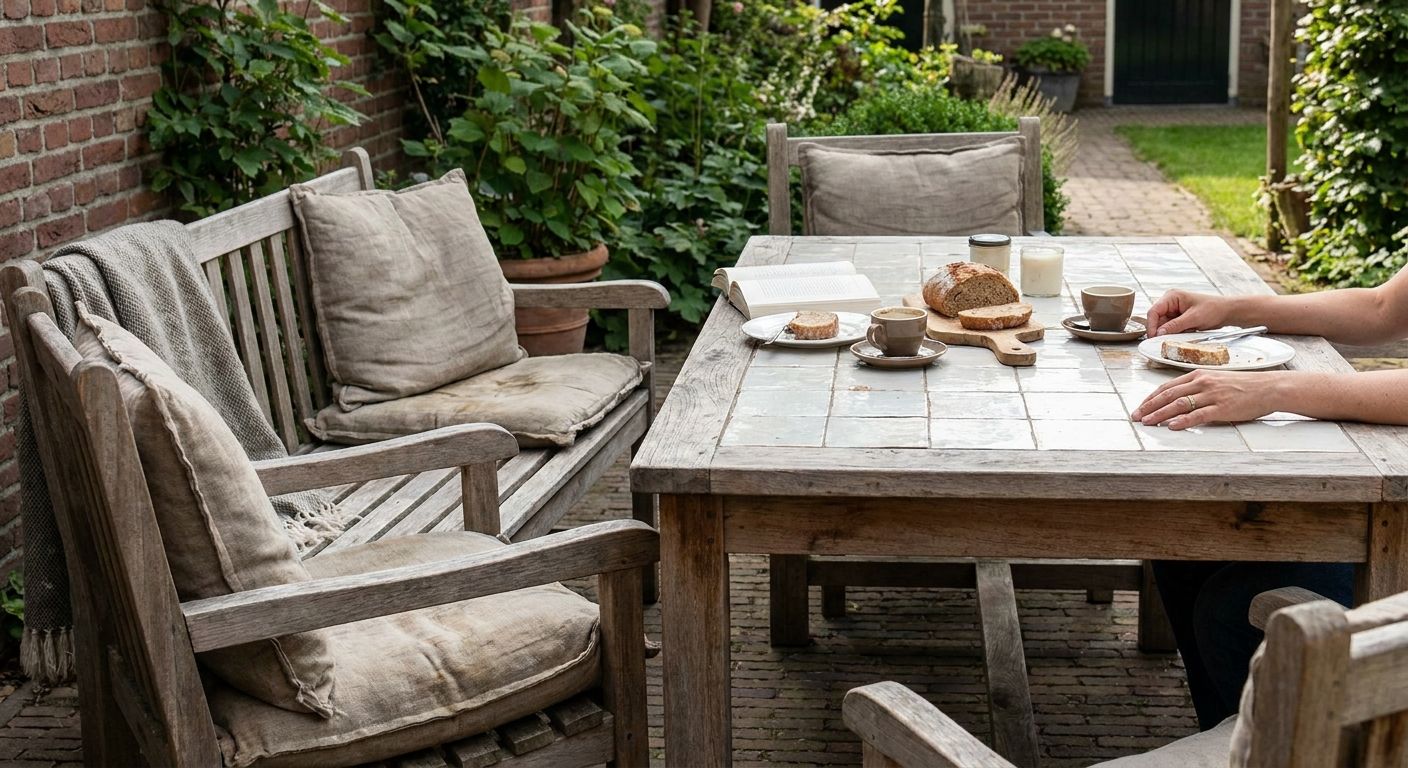 Rustieke tuintafel met brood en koffie