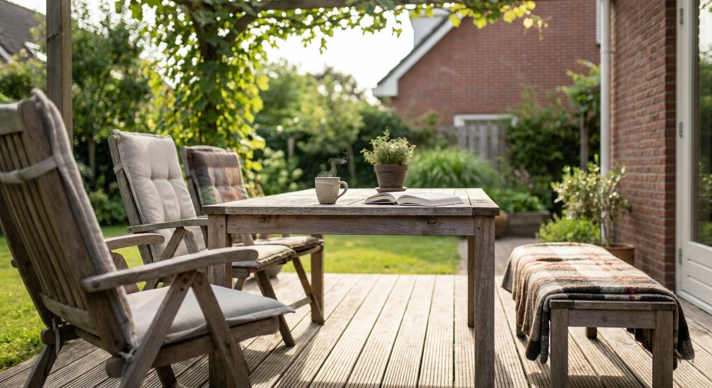 Gezellig terras met houten tafel en stoelen