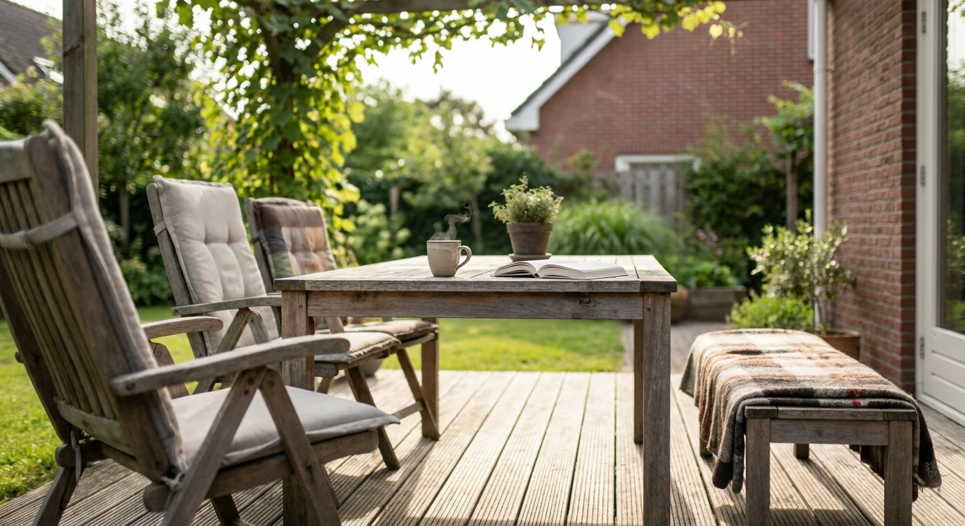 Gezellig terras met houten tafel en stoelen