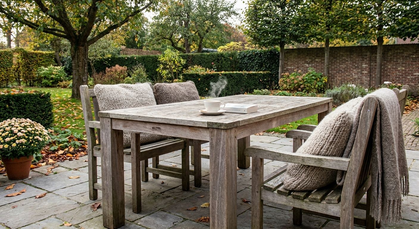 Houten tuintafel met stoelen in herfsttuin
