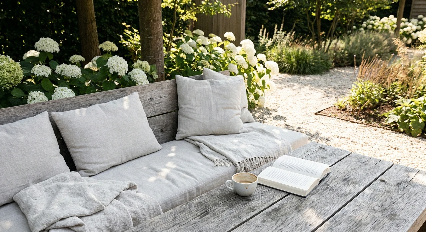Gezellige tuinbank met kussens, boek en koffie