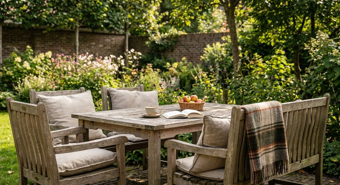 Houten tuintafel met stoelen in weelderige zonnige tuin