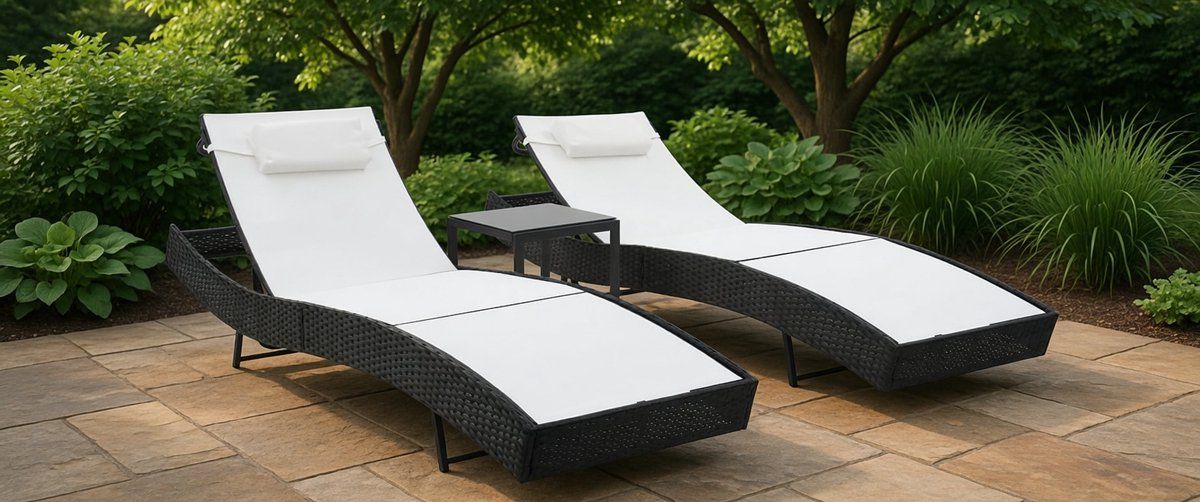 2 stuks verstelbare ligstoelen zwart met tafel dubbele zonnebed