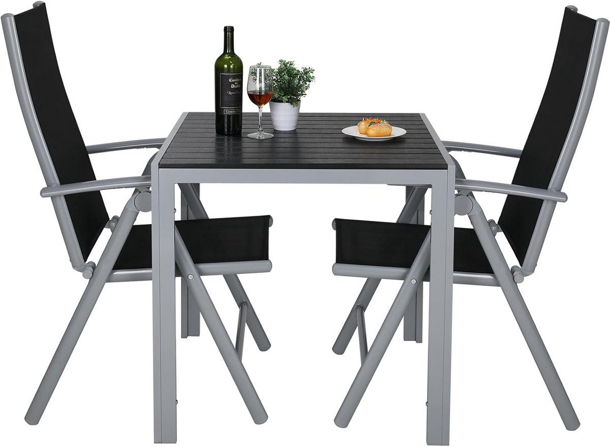3 delige aluminium balkonset met inclapbare stoelen en wpc tuin tafel