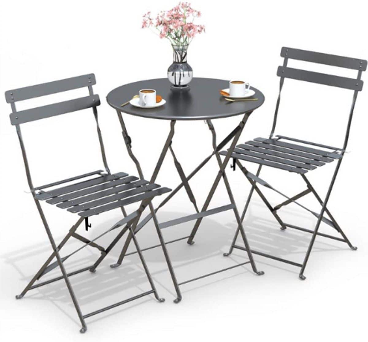 3 delige bistroset voor buiten stalen tafel & 2 klapstoelen