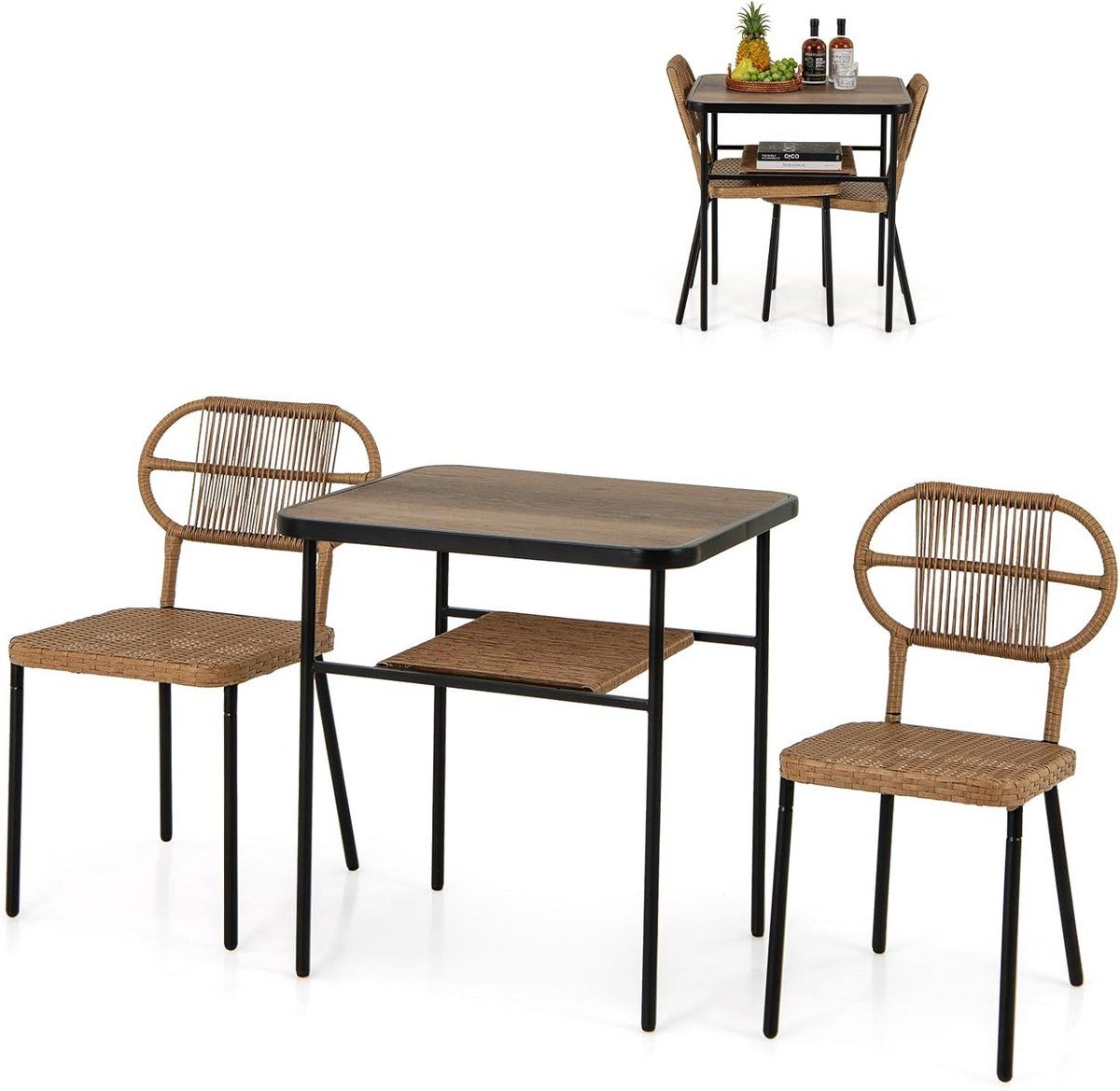 3 delige polyrotan bistroset tuinset met stapelbare stoelen en opbergruimte