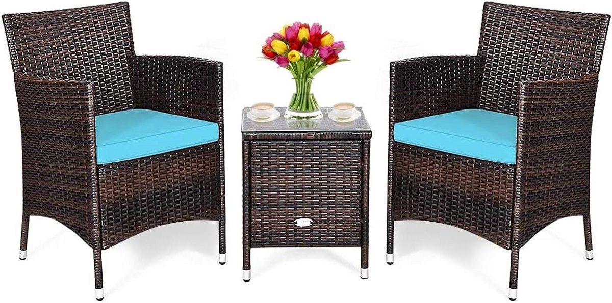 3 delige terrasmeubelset rotan bistroset met salontafel en dikke kussens voor