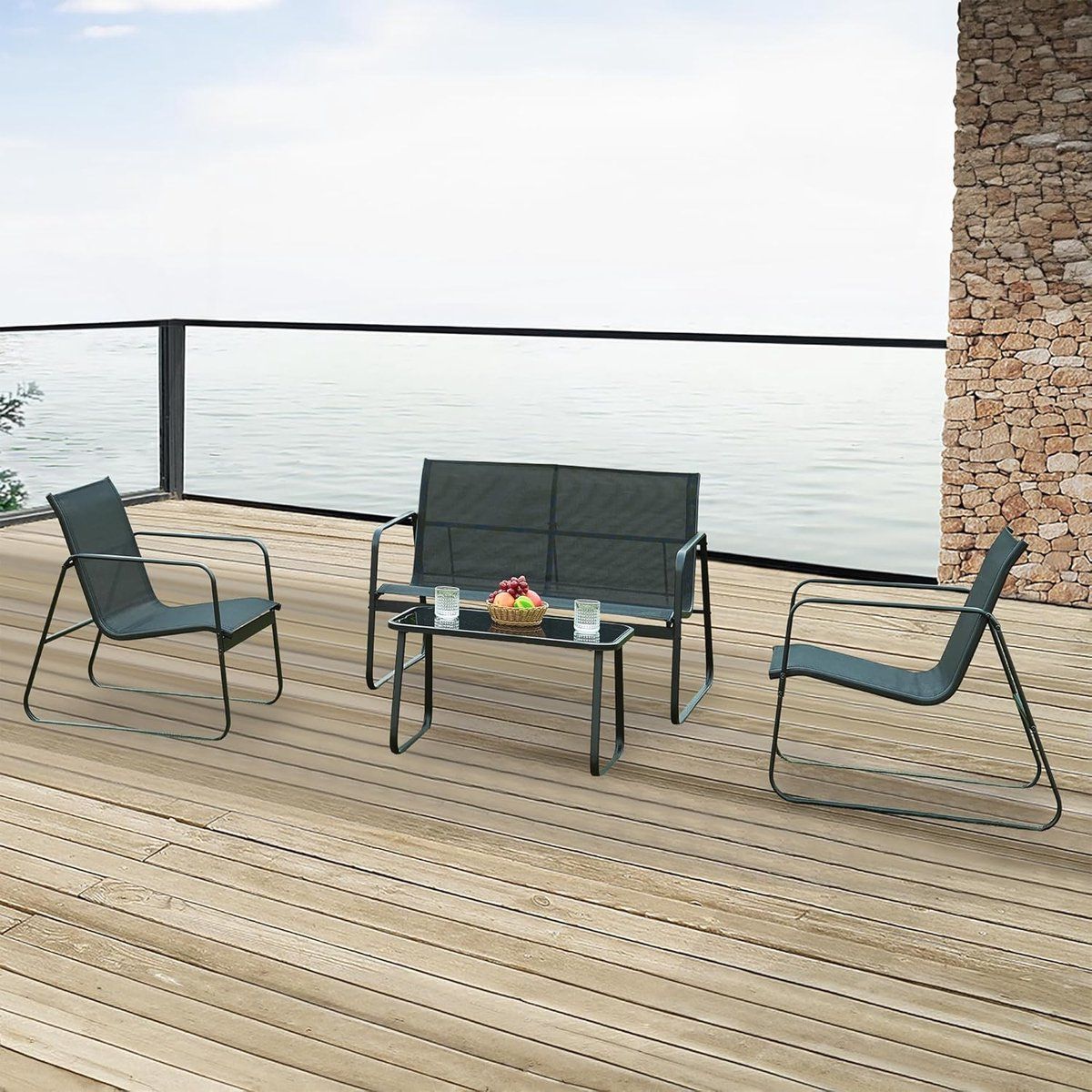 4 delige loungeset met bank, 2 stoelen en glastafel