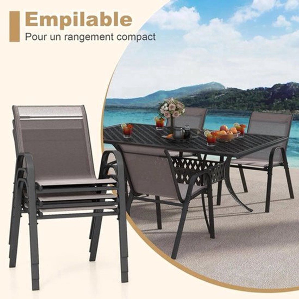 4 delige stapelbare tuinstoelenset met armleuningen metalen frame textilene