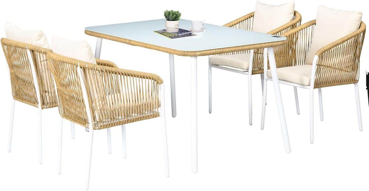 5 delige poly rattan tuinset met stapelbare stoelen en glazen tafel