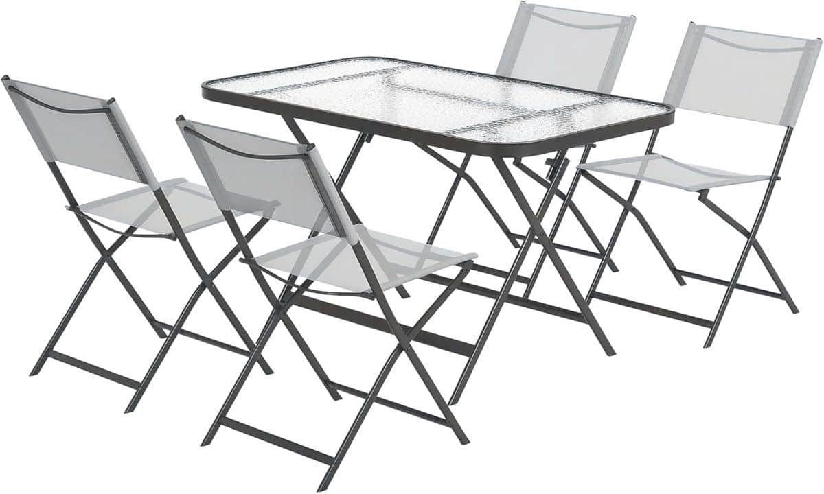 5 delige tuinset met stapelbare stoelen en tafel van gehard glas