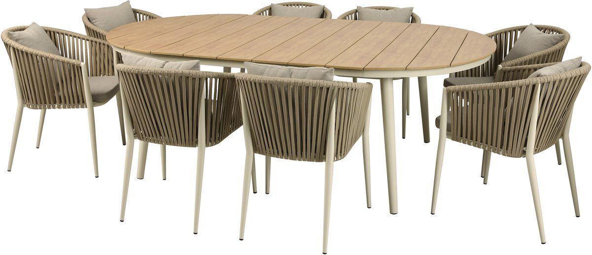 axi chay tuinset met 8 stoelen houtlook/beige gepoedercoat aluminium