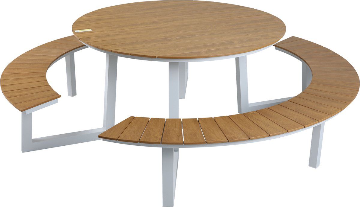 axi taco picknicktafel met 2 banken rond wit met teak