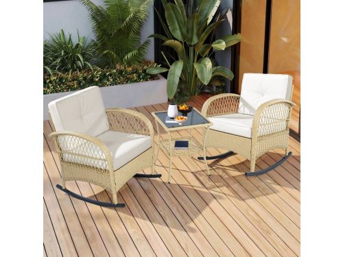 Balkonset - 3-delig - Beige kussens - Tafel - Kunststof