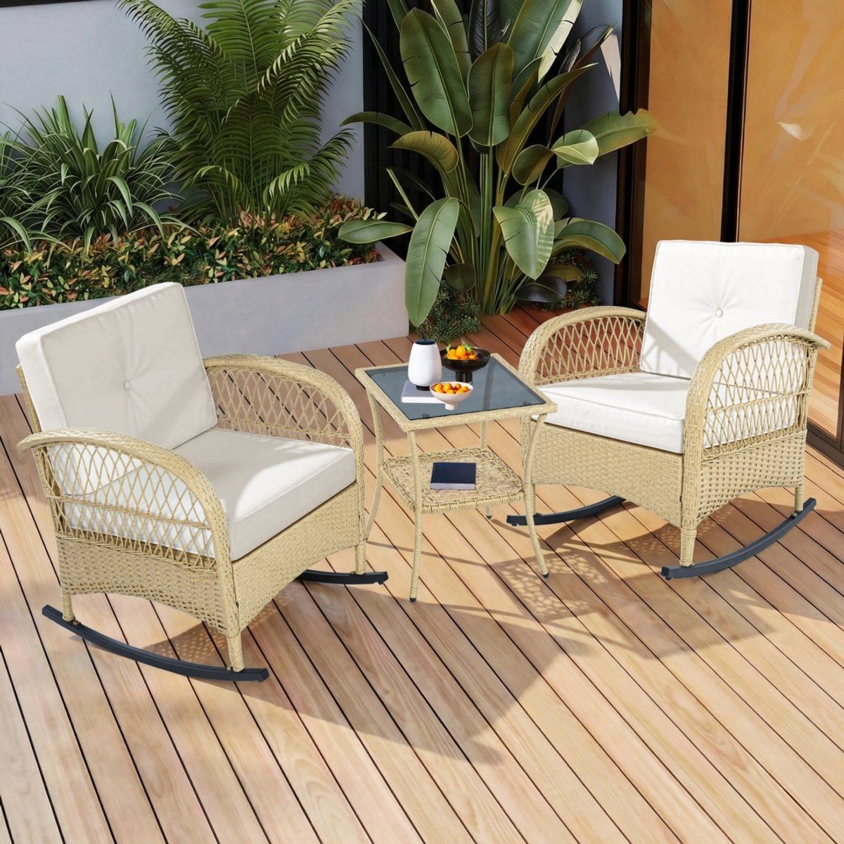 balkonset 3 delig beige kussens tafel kunststof
