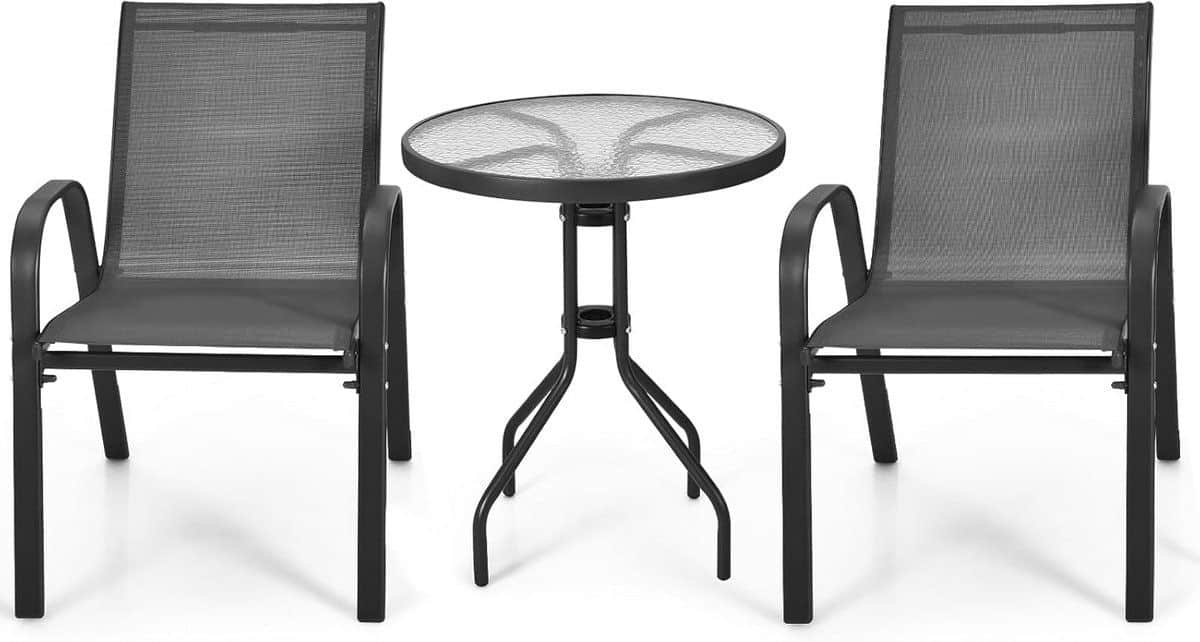 bistroset 3 delig met ronde glazen tafel en sterke stoelen voor