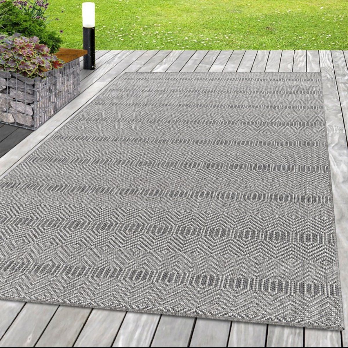 buitenkleed met hologrampatroon, grijs, sisal, voor terras, uv bestendig 200×290 cm