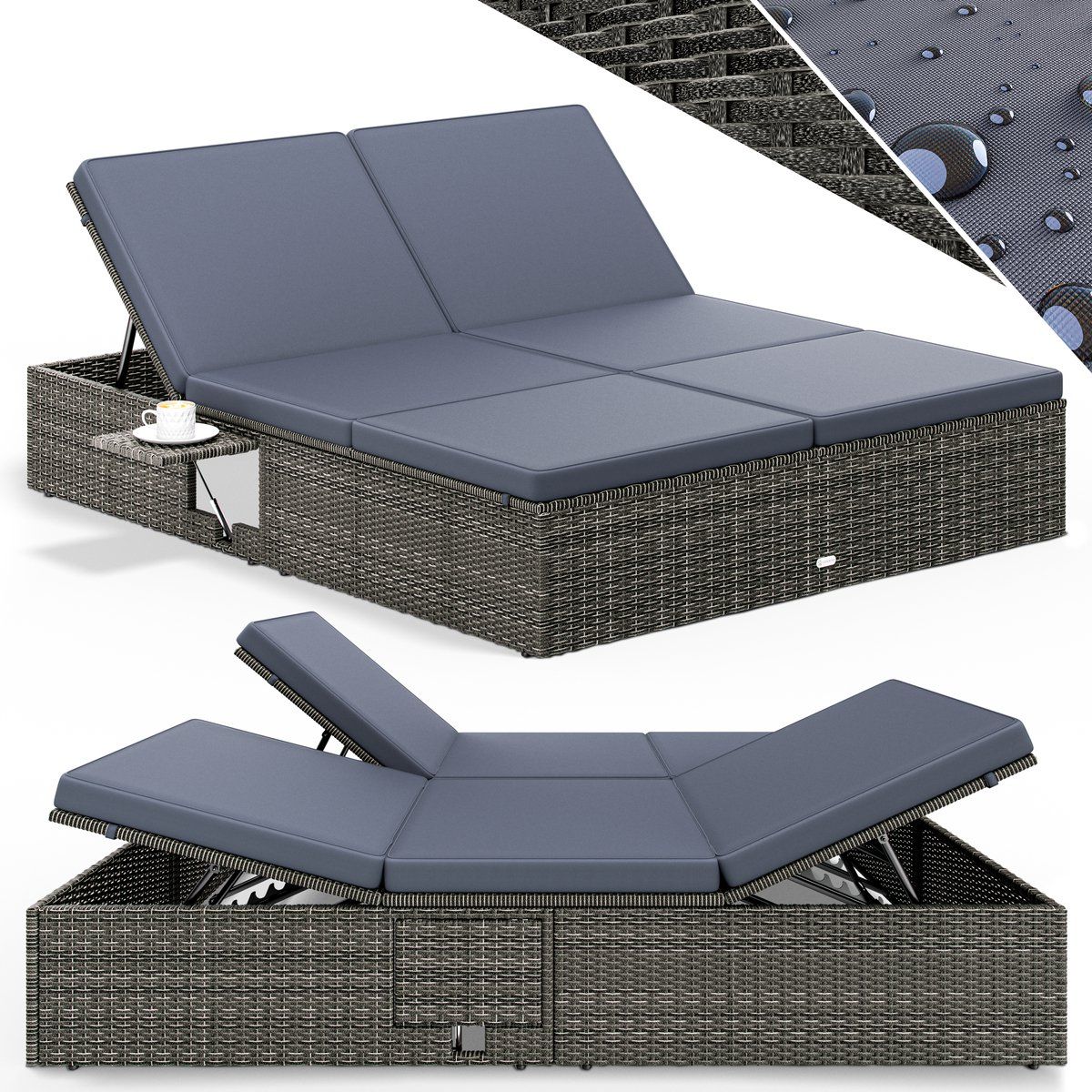 casaria ligbed tweepersoons polyrattan 200x160cm verstelbaar grijs